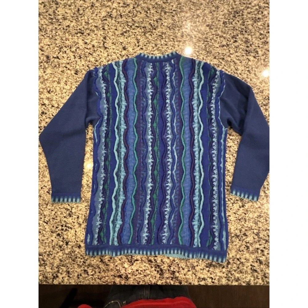 Vintage 90s Tulchan Cardigan Blue Wool Oversized Coogi S/M Unisex‎ Festival Ugly
